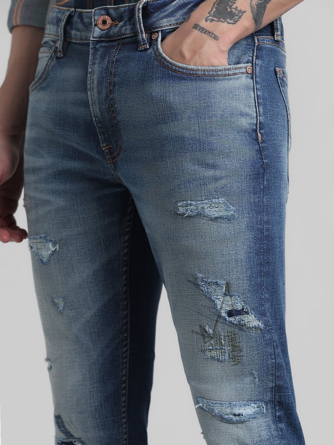 Dark Blue Low Rise Distressed Ben Skinny Jeans