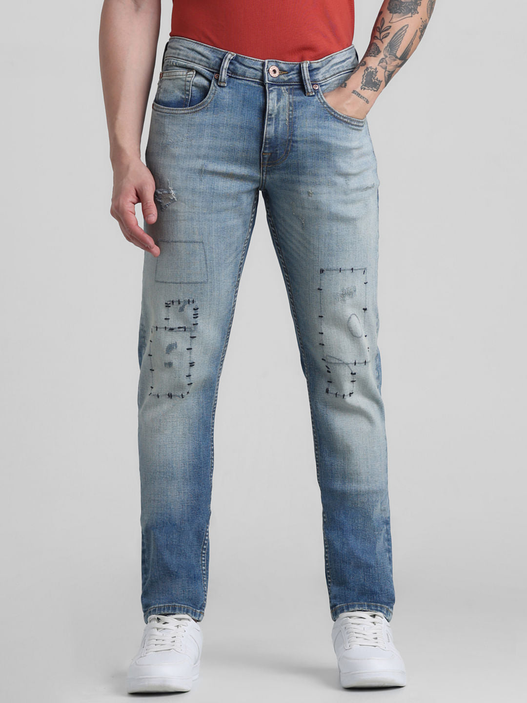Blue Low Rise Stitch Detail Slim Jeans