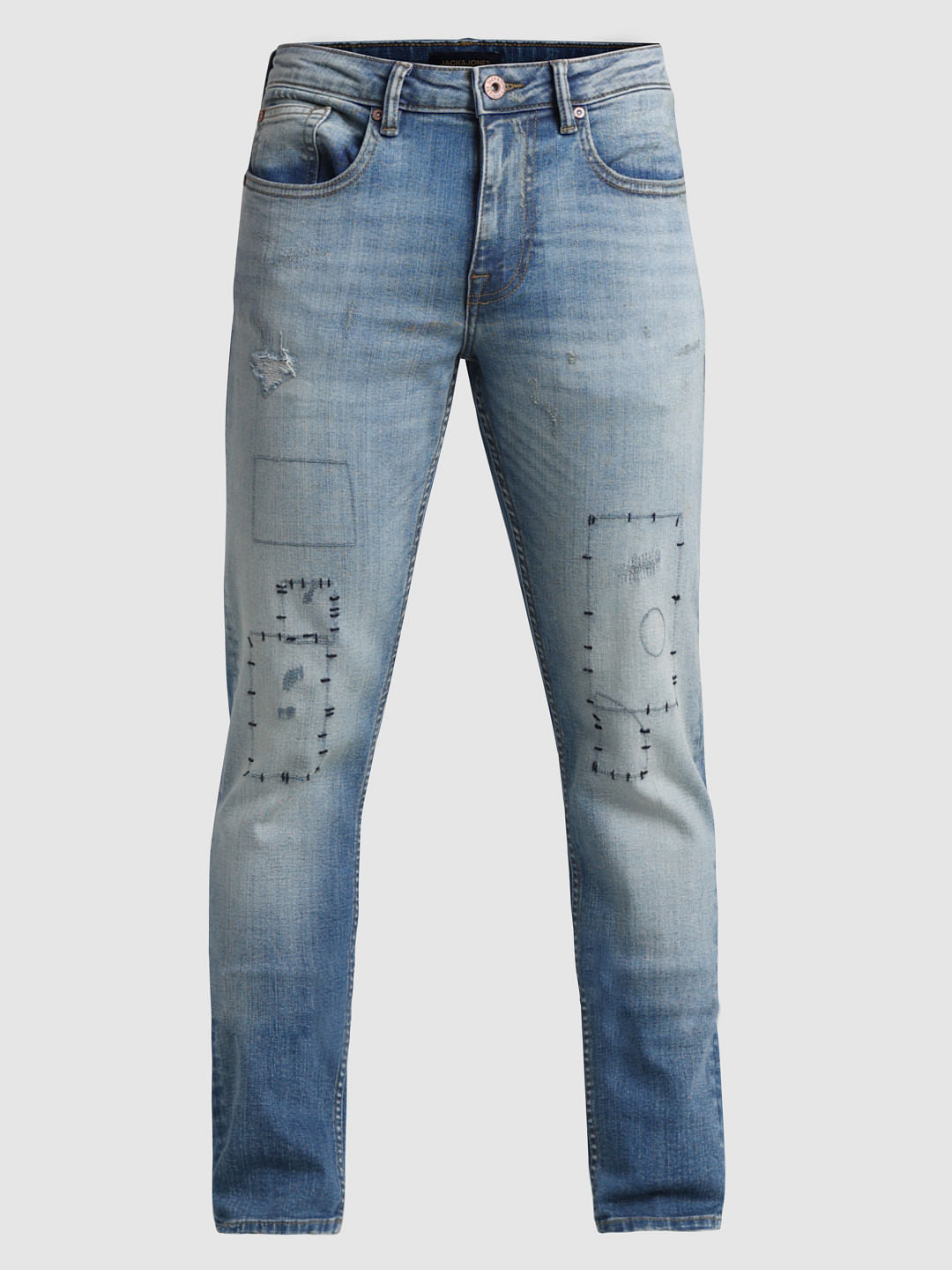 Blue Low Rise Stitch Detail Slim Jeans