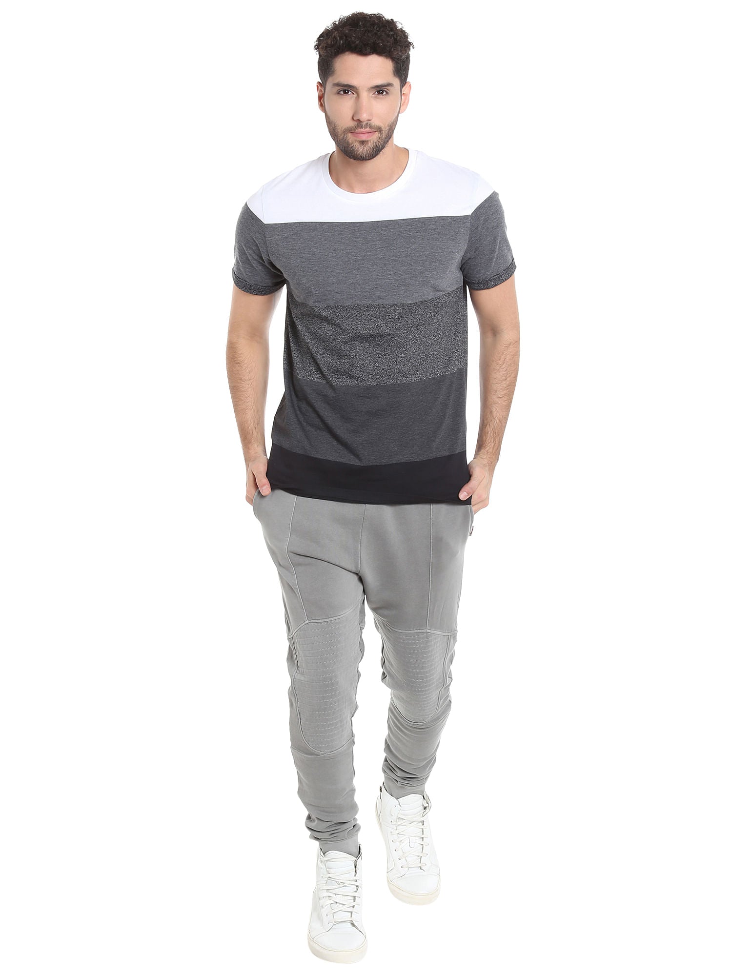 Black Colour Blocked Striped Crew Neck T-Shirt