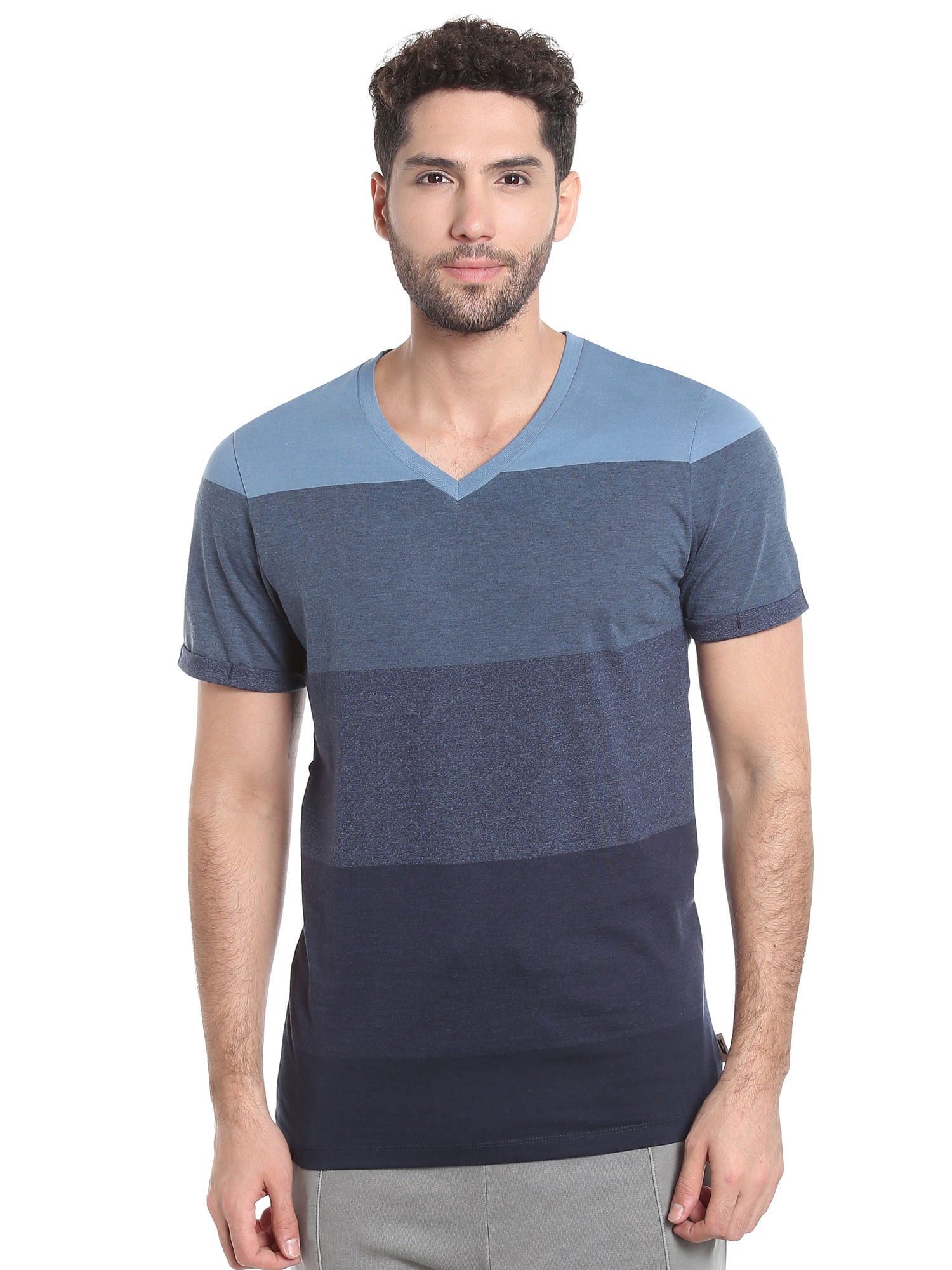 Blue Colour Blocked Striped V-Neck T-Shirt