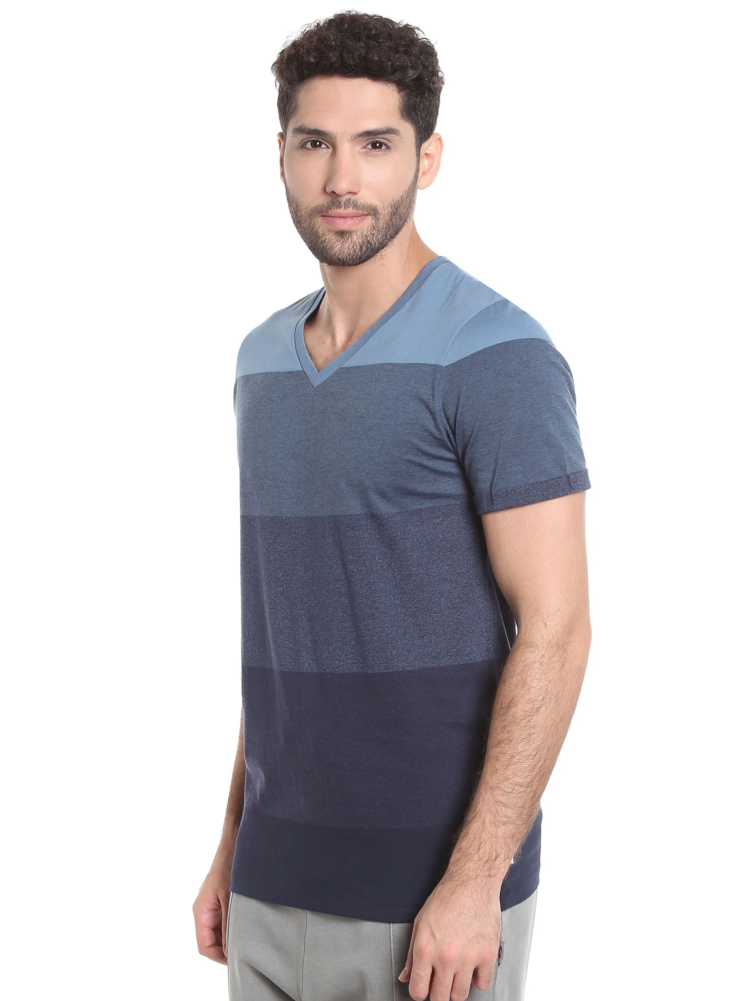 Blue Colour Blocked Striped V-Neck T-Shirt