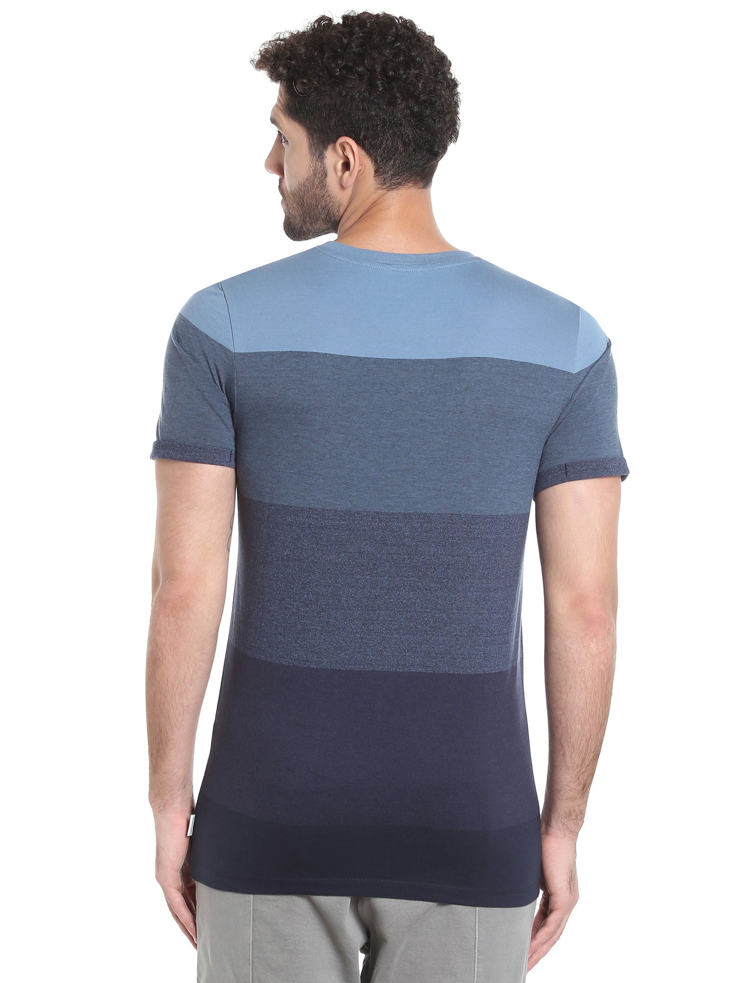 Blue Colour Blocked Striped V-Neck T-Shirt