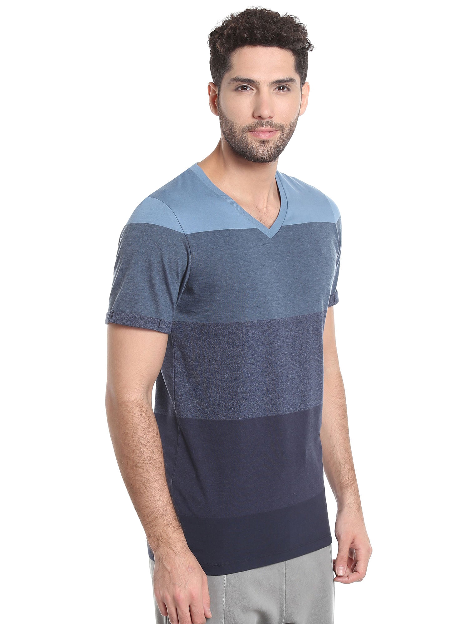 Blue Colour Blocked Striped V-Neck T-Shirt