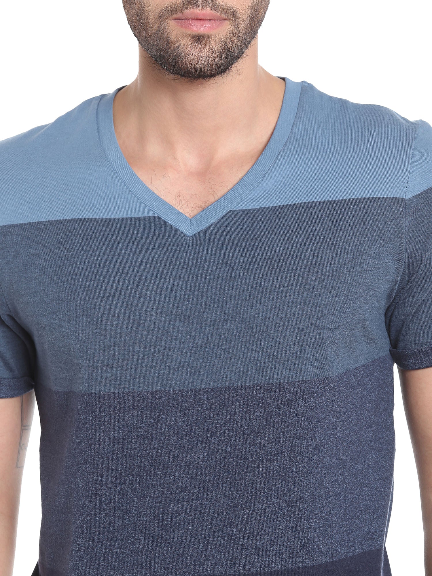 Blue Colour Blocked Striped V-Neck T-Shirt