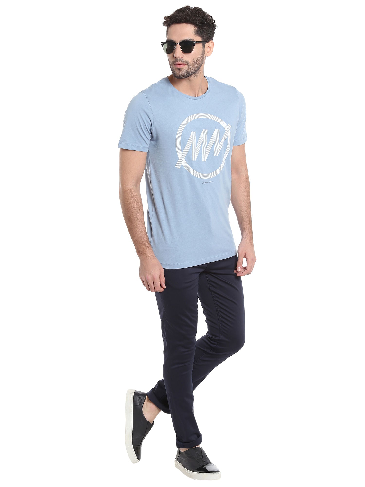 Light Blue Circular Striped Crew Neck T-Shirt