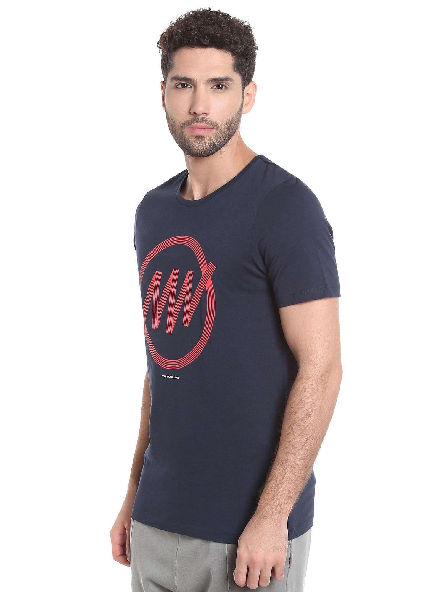Dark Blue Circular Striped Crew Neck T-Shirt