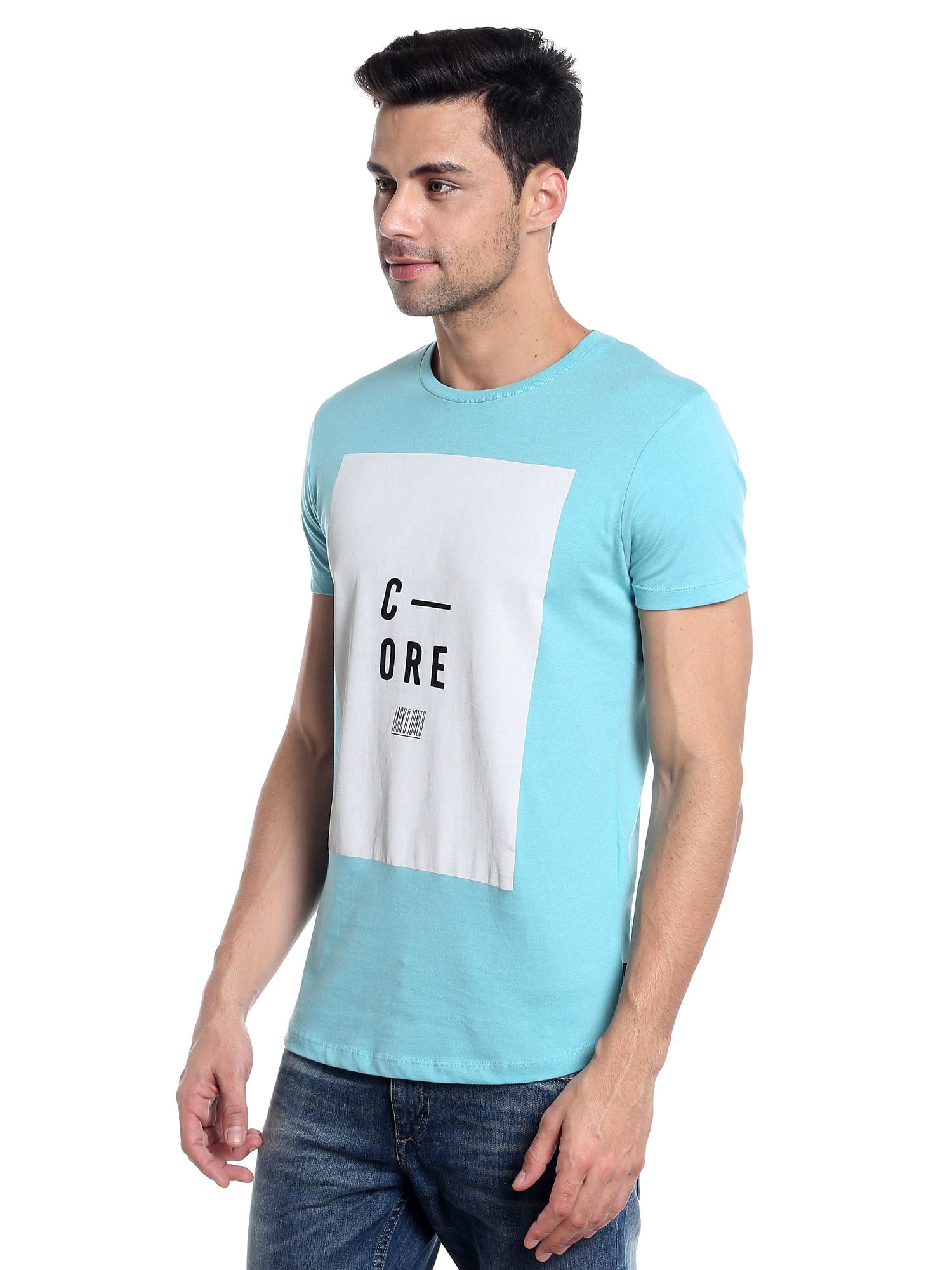 Aqua Blue Printed Slim Fit T-Shirt