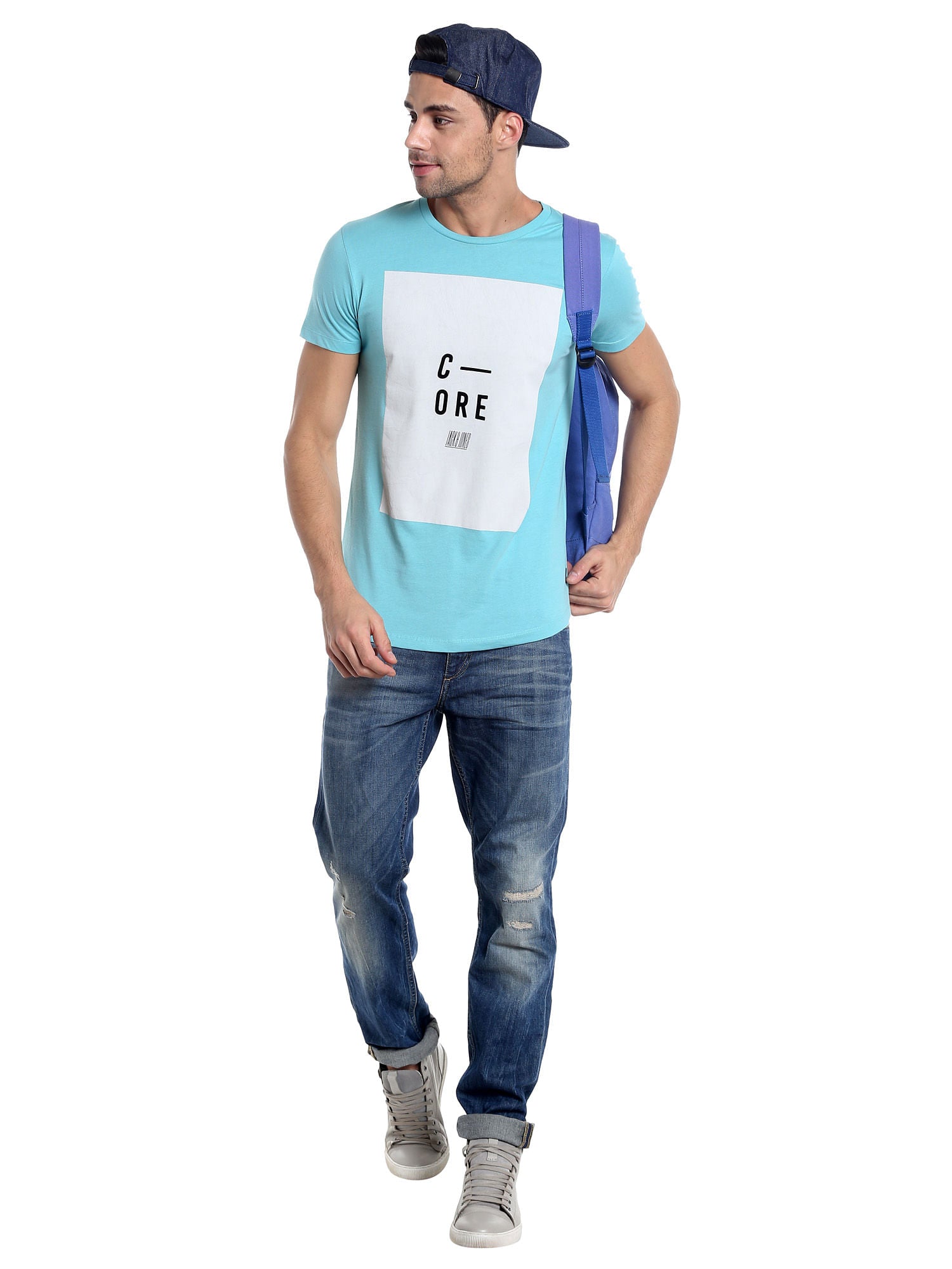 Aqua Blue Printed Slim Fit T-Shirt