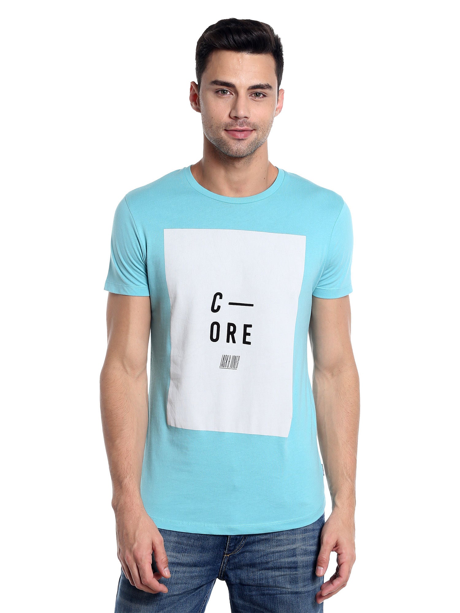 Aqua Blue Printed Slim Fit T-Shirt