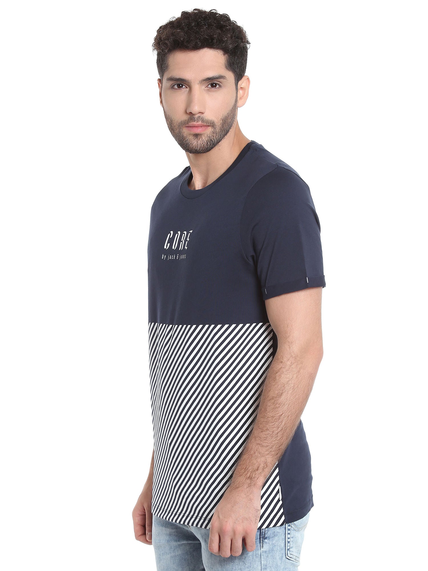Dark Blue Striped Crew Neck T-Shirt