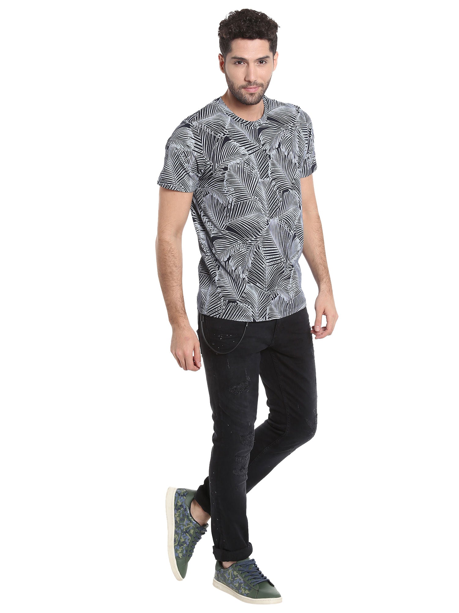Dark Navy Abstract Print Crew Neck T-Shirt