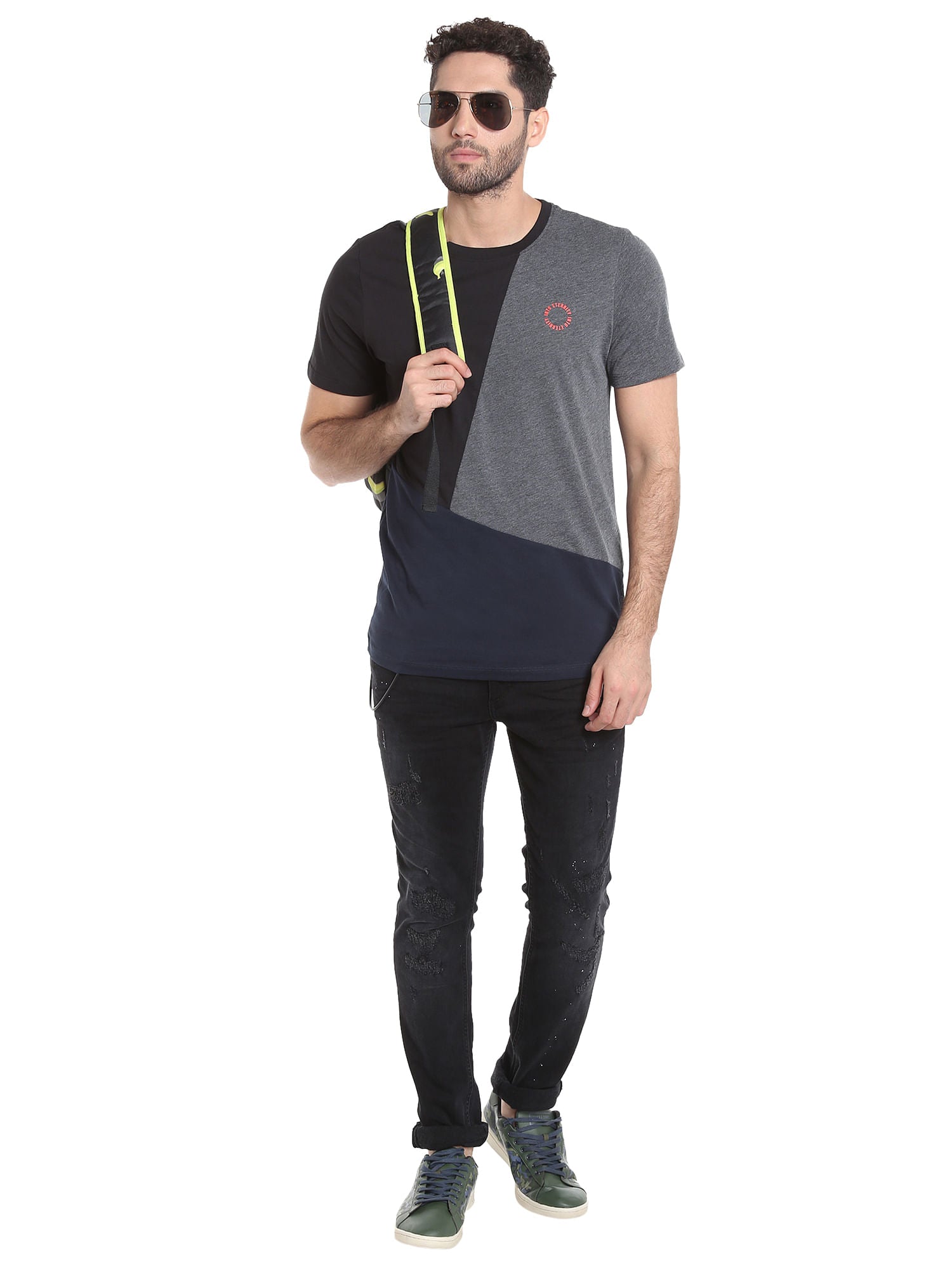 Black Colour Blocked Crew Neck T-Shirt