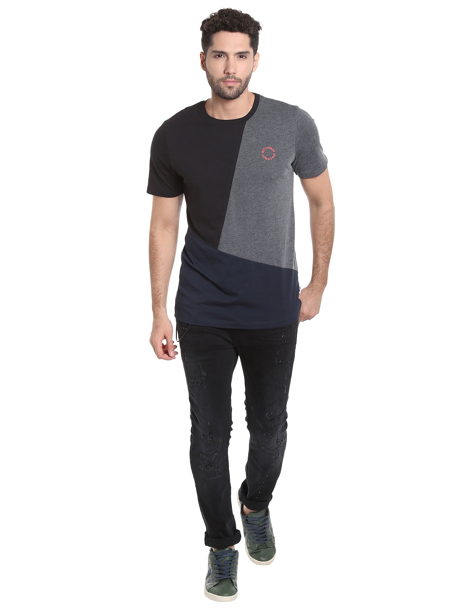 Black Colour Blocked Crew Neck T-Shirt