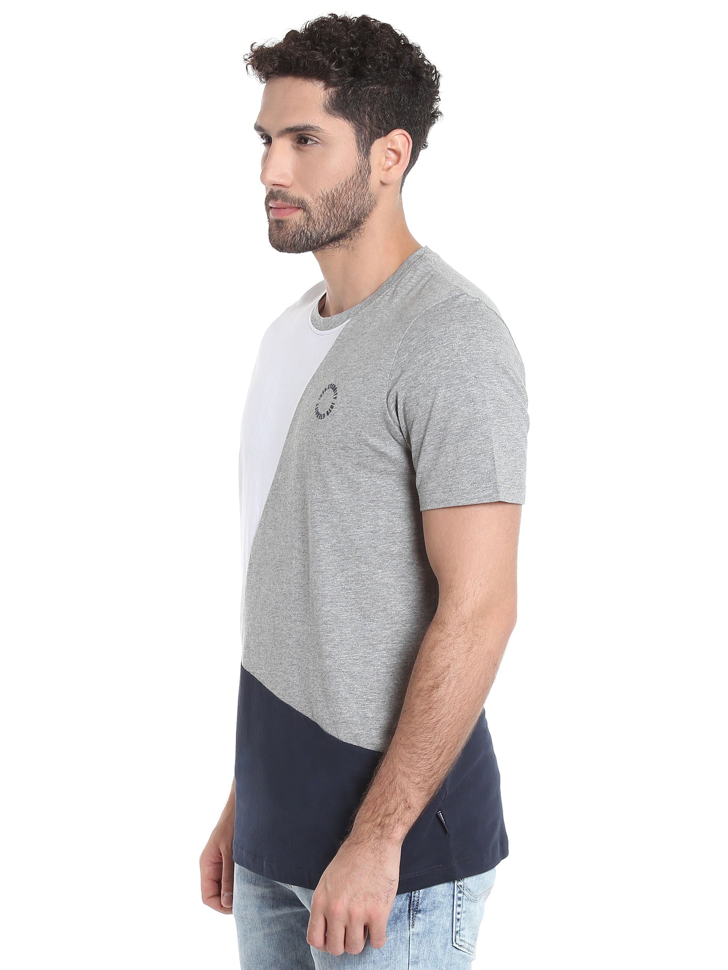 Light Grey Colour Blocked Crew Neck T-Shirt