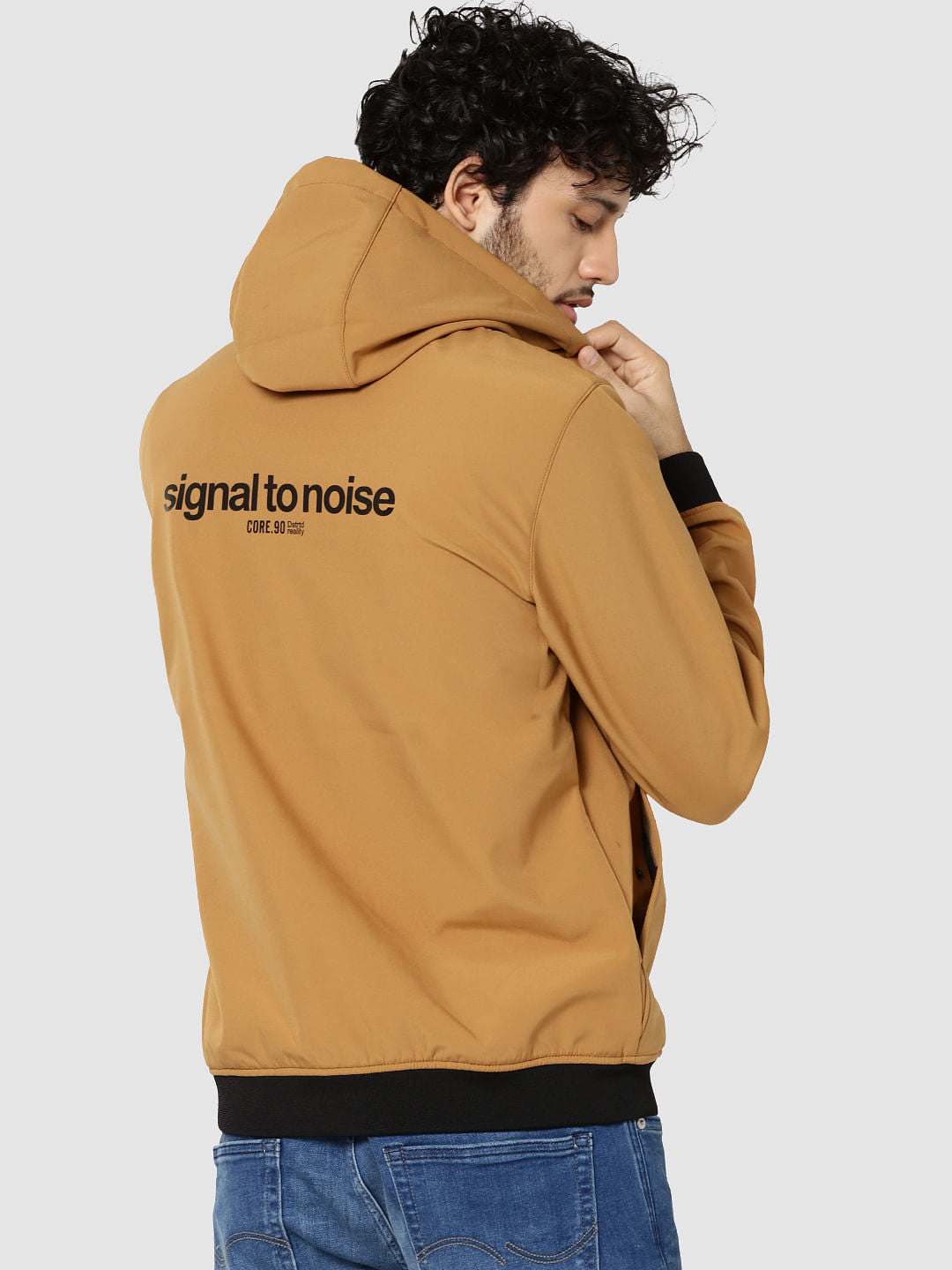 Mustard Text Print Hooded Casual Jacket