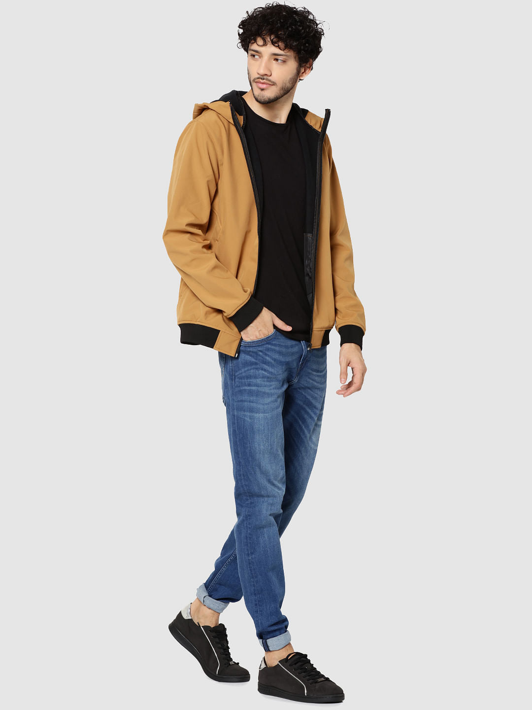 Mustard Text Print Hooded Casual Jacket