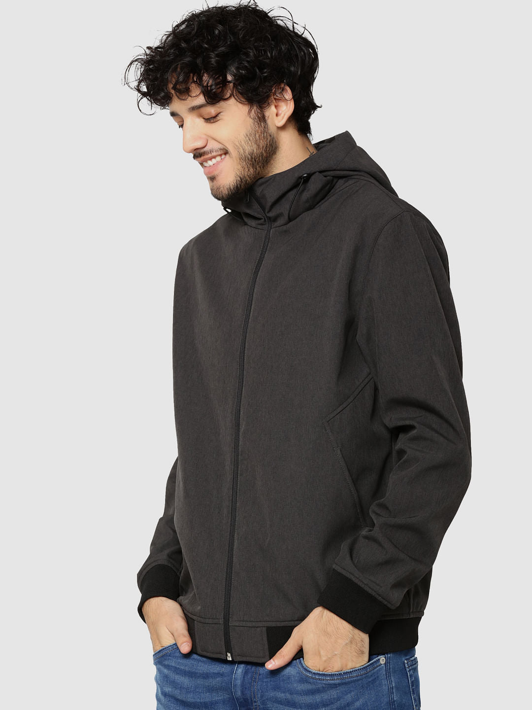 Grey Text Print Hooded Jacket