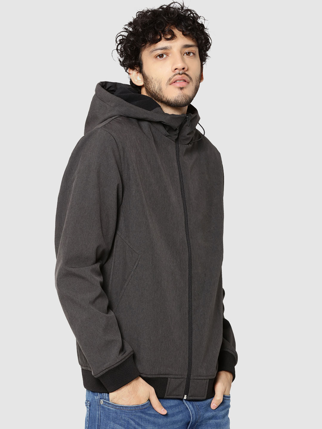 Grey Text Print Hooded Jacket