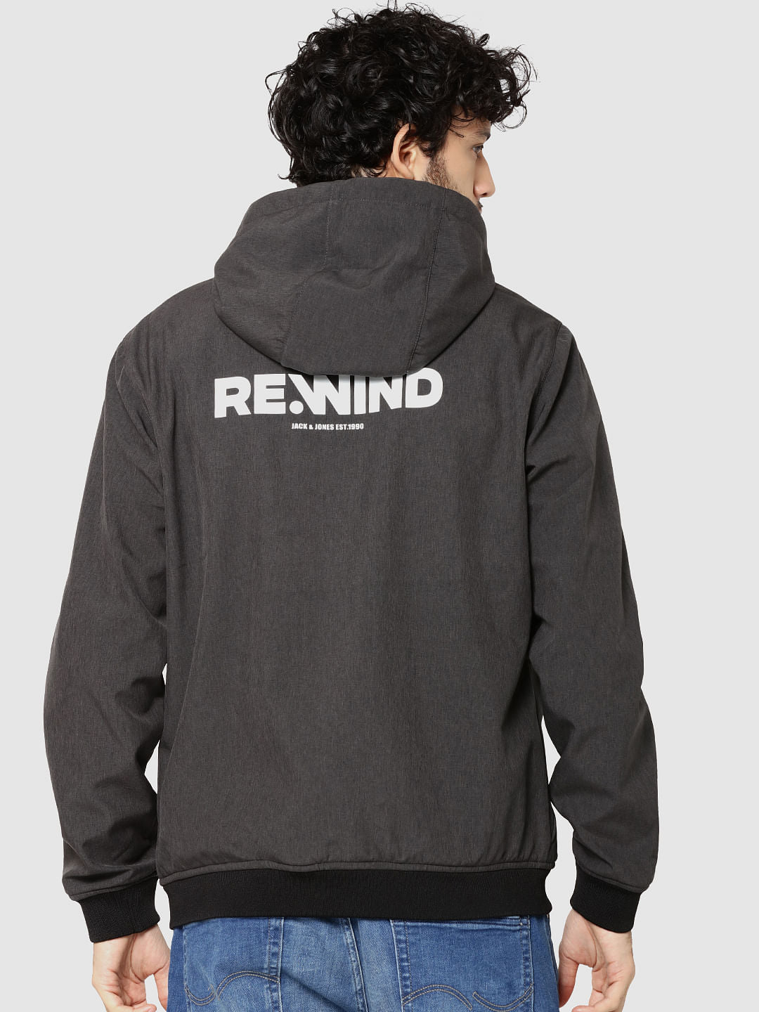 Grey Text Print Hooded Jacket