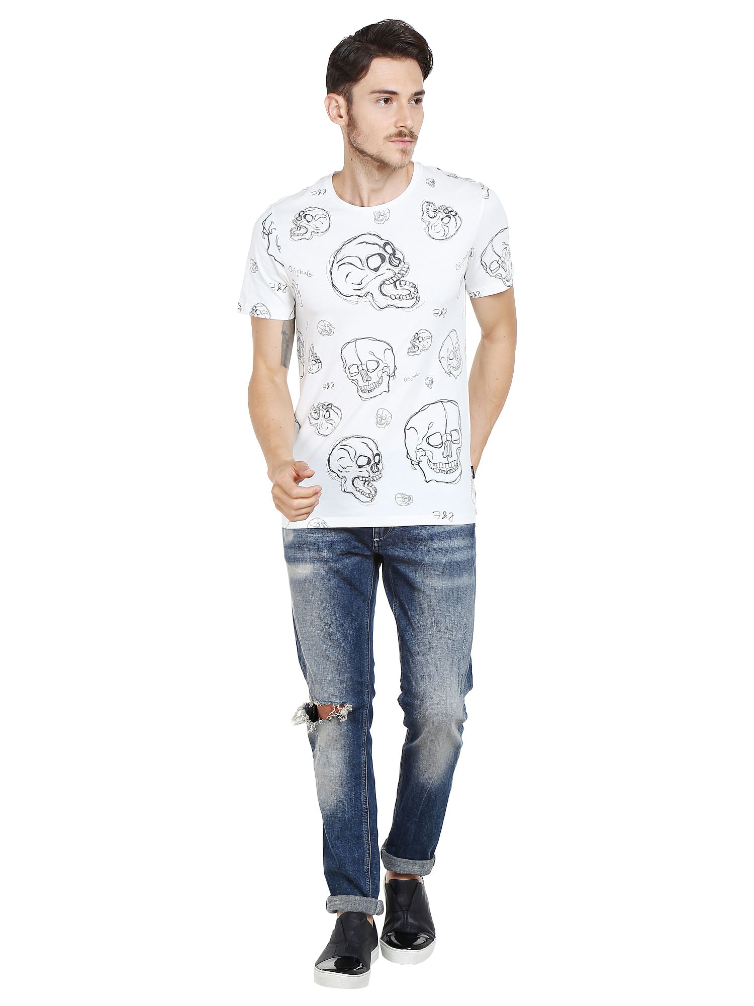 White Skull Print Crew Neck T-Shirt