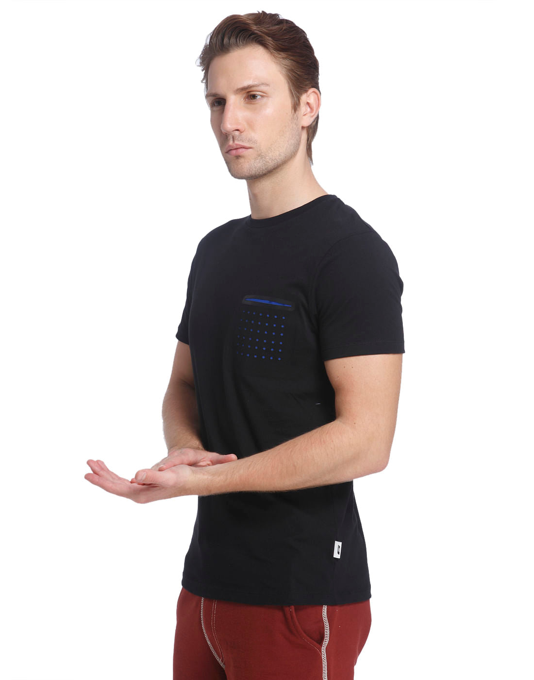 Black Crew Neck T-Shirt With Blue Front Pocket Detail