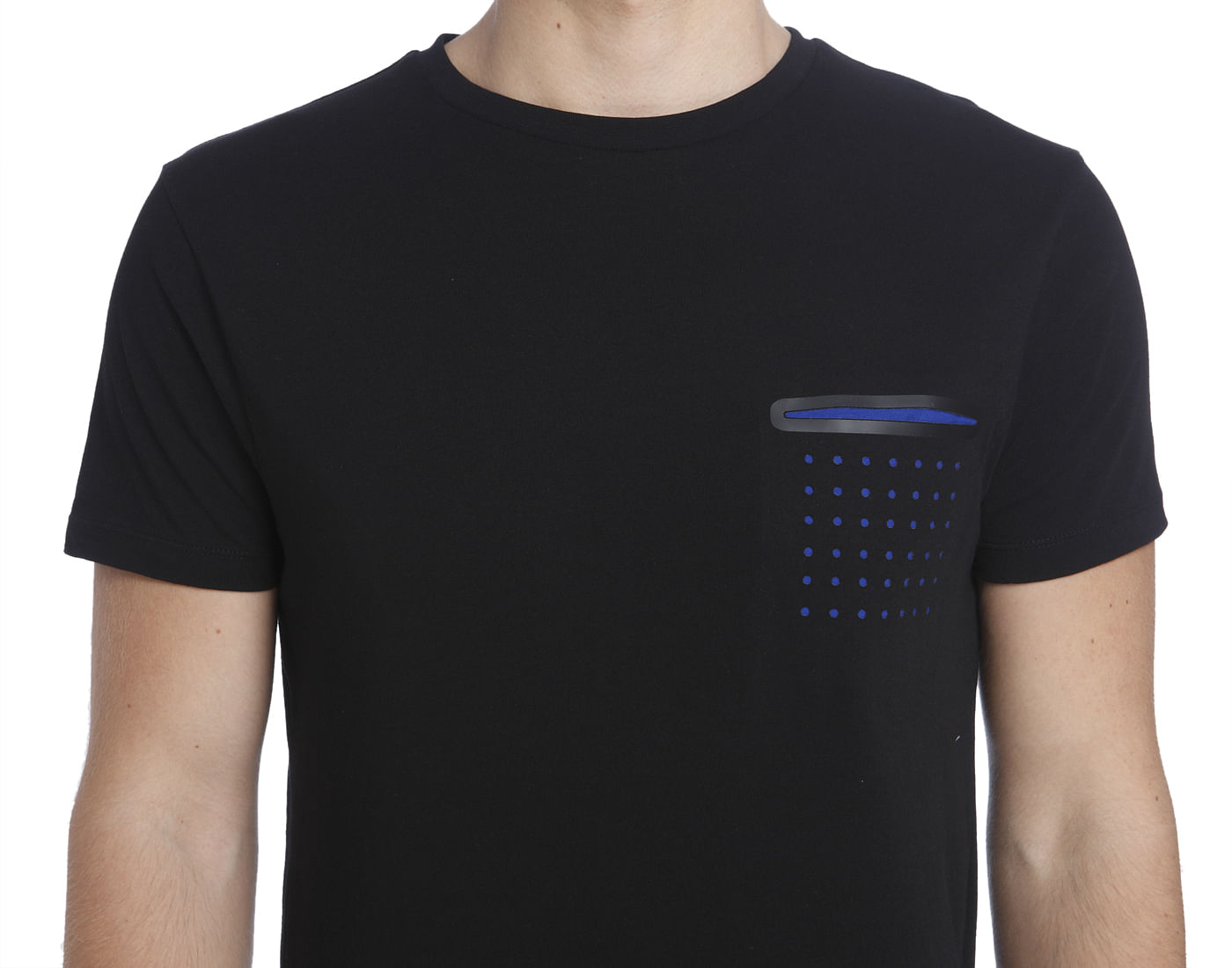 Black Crew Neck T-Shirt With Blue Front Pocket Detail