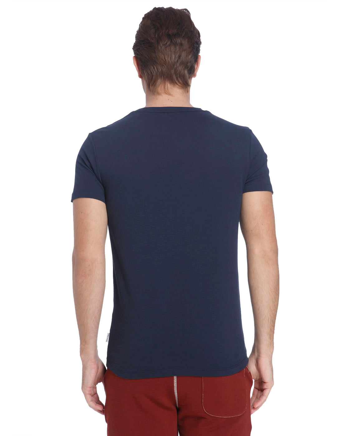 Blue Crew Neck T-Shirt With An Orange Front Pocket Detail