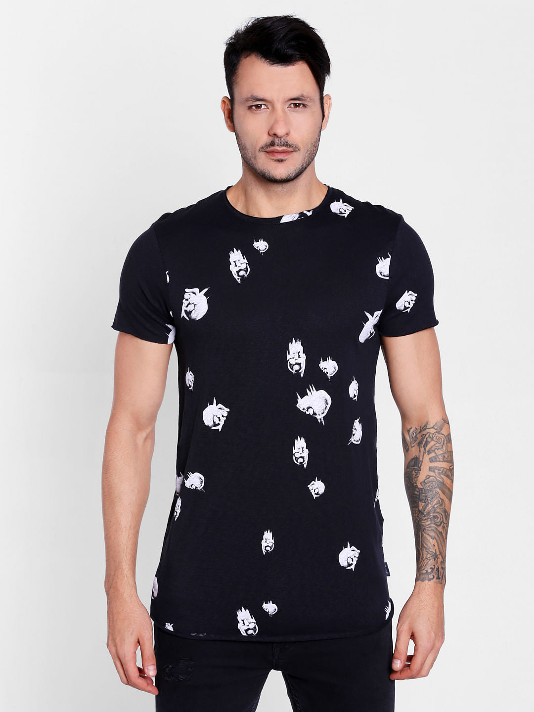 Black Printed Crew Neck T-Shirt