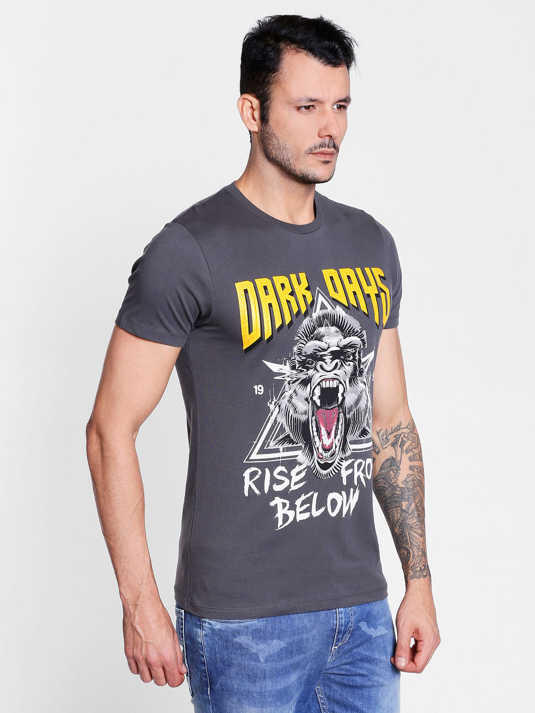 Grey Graphic Print Crew Neck T-Shirt
