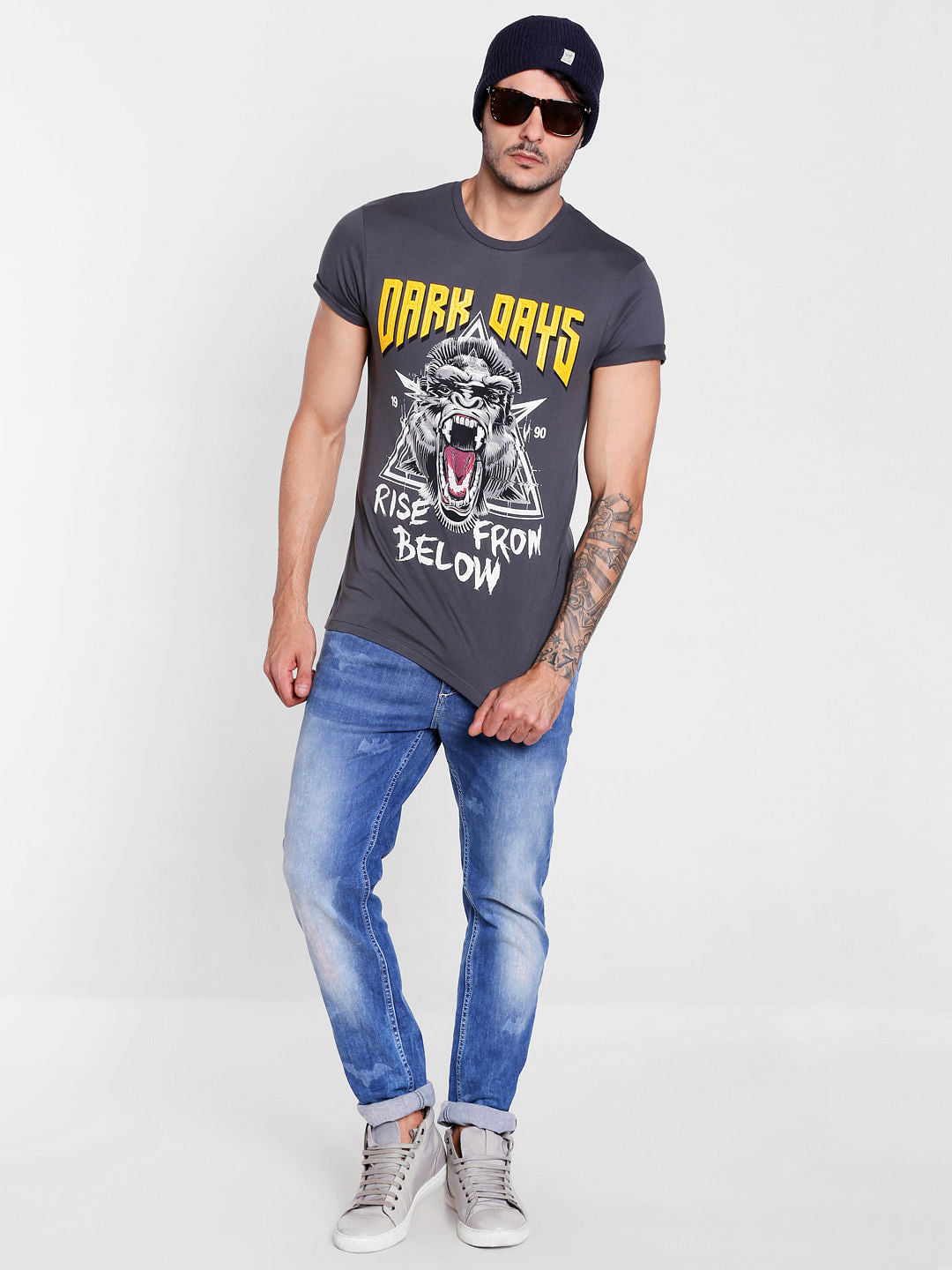 Grey Graphic Print Crew Neck T-Shirt