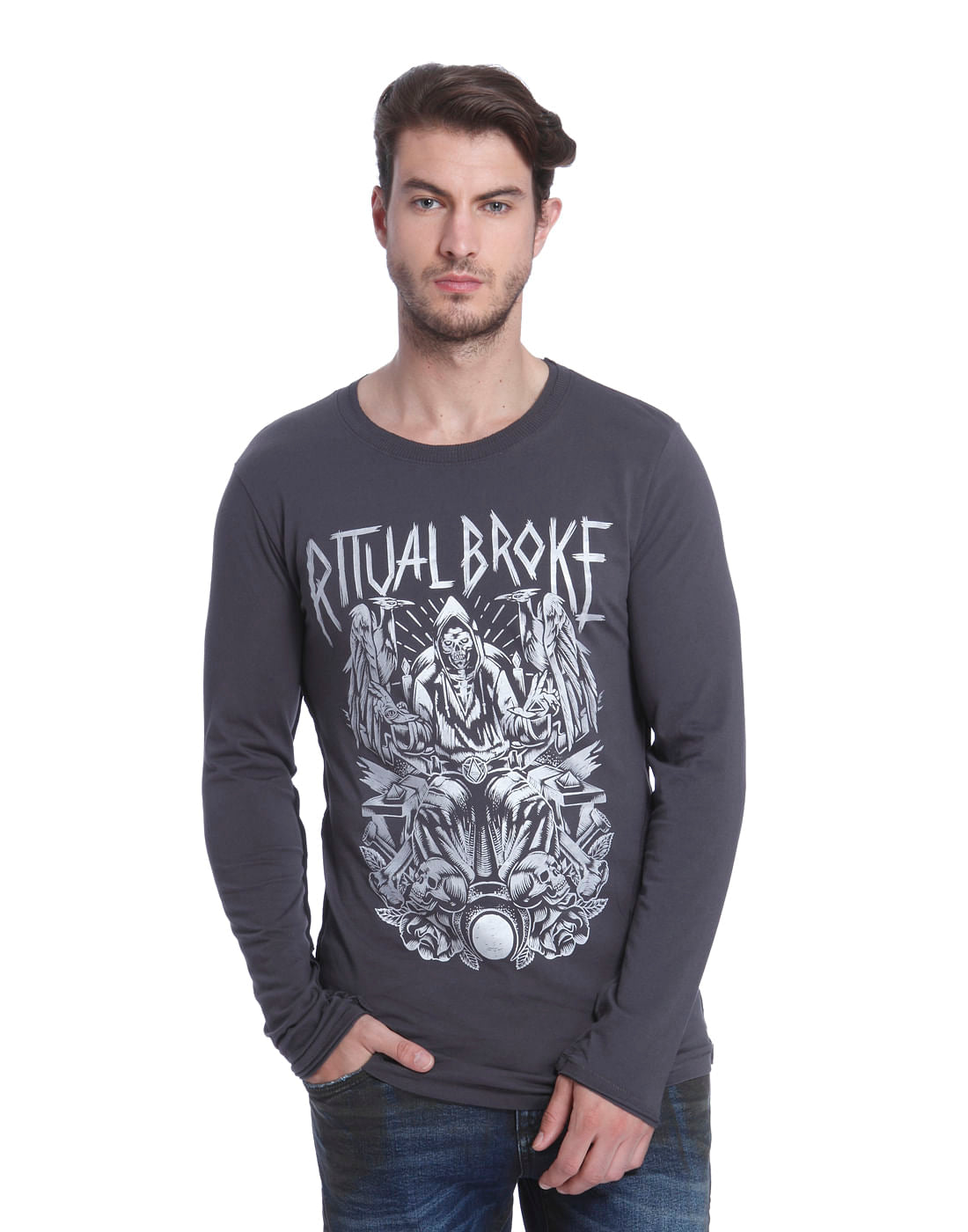 Dull Grey Graphic Print Crew Neck T-Shirt