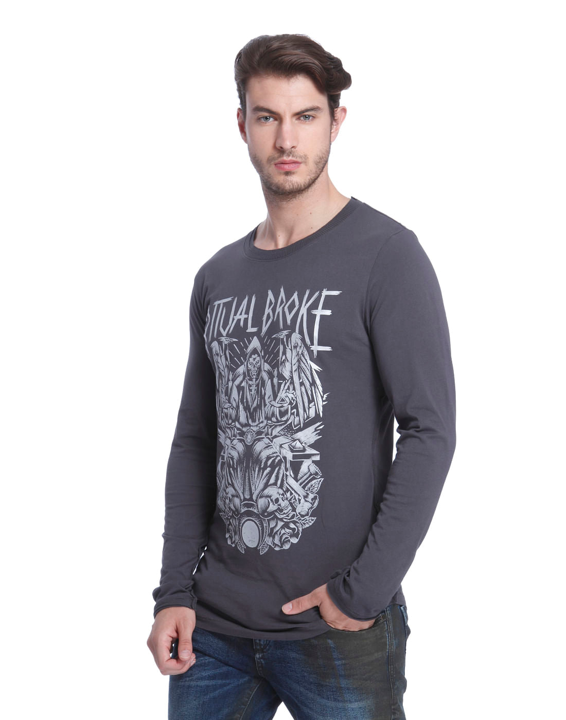 Dull Grey Graphic Print Crew Neck T-Shirt