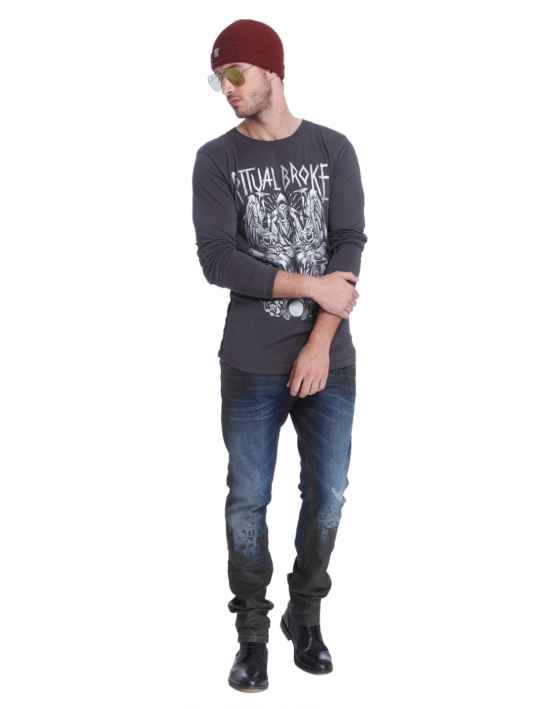 Dull Grey Graphic Print Crew Neck T-Shirt