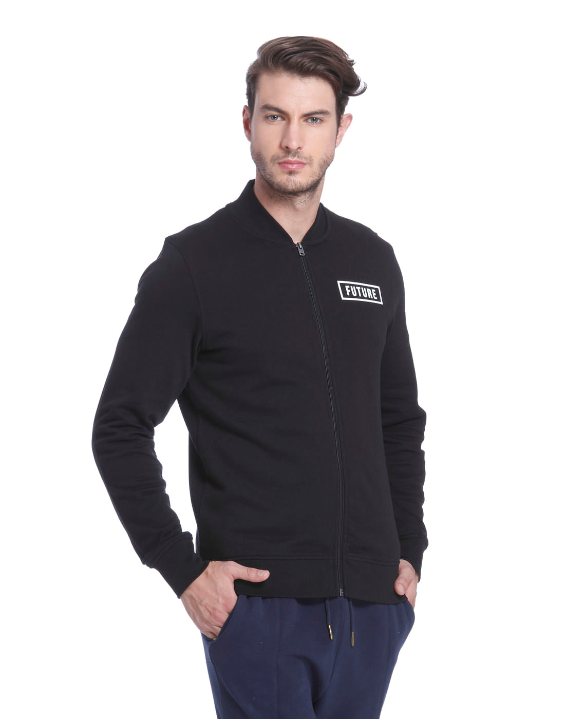 Black Text Print Casual Jacket