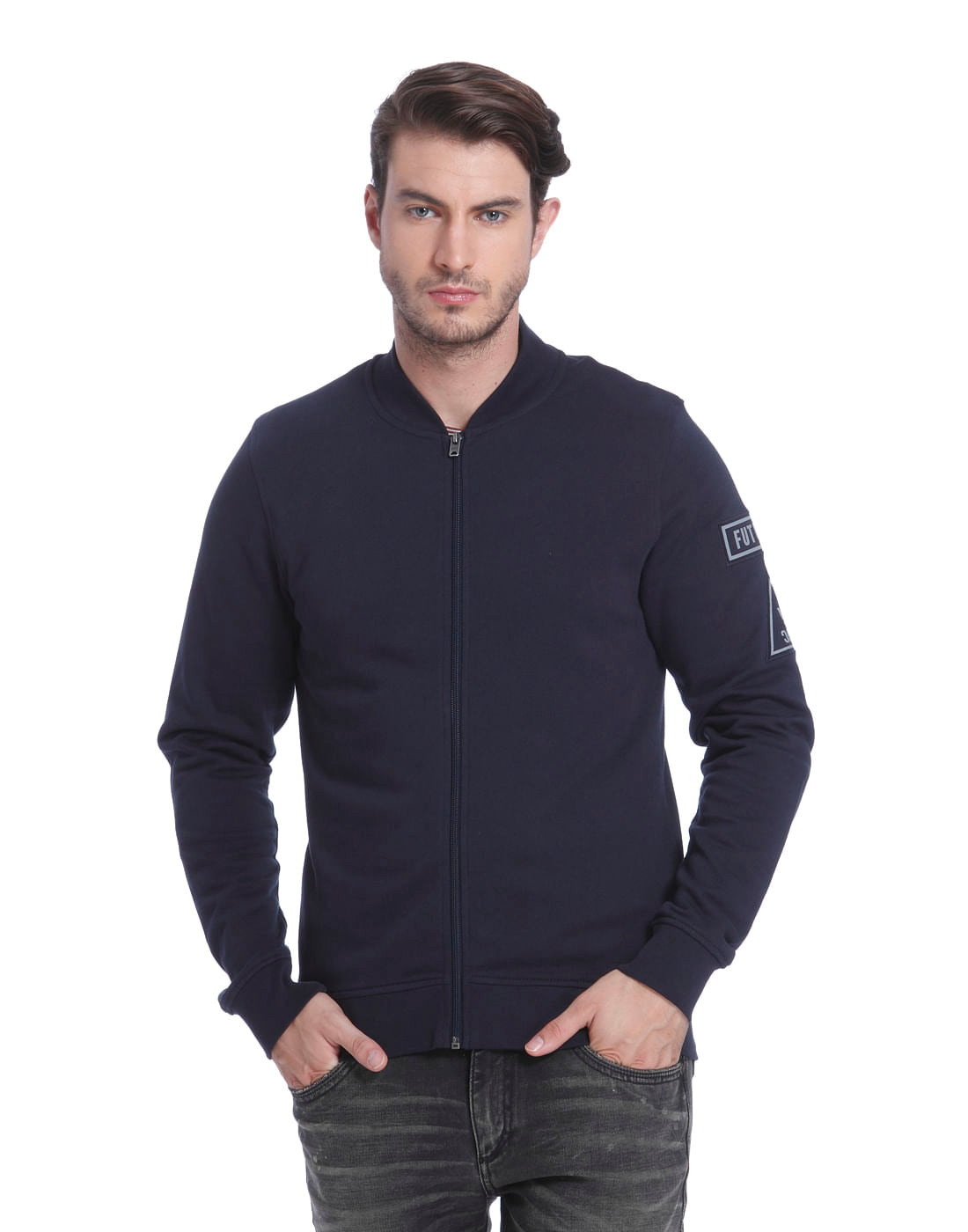 Dark Blue Text Print Casual Jacket