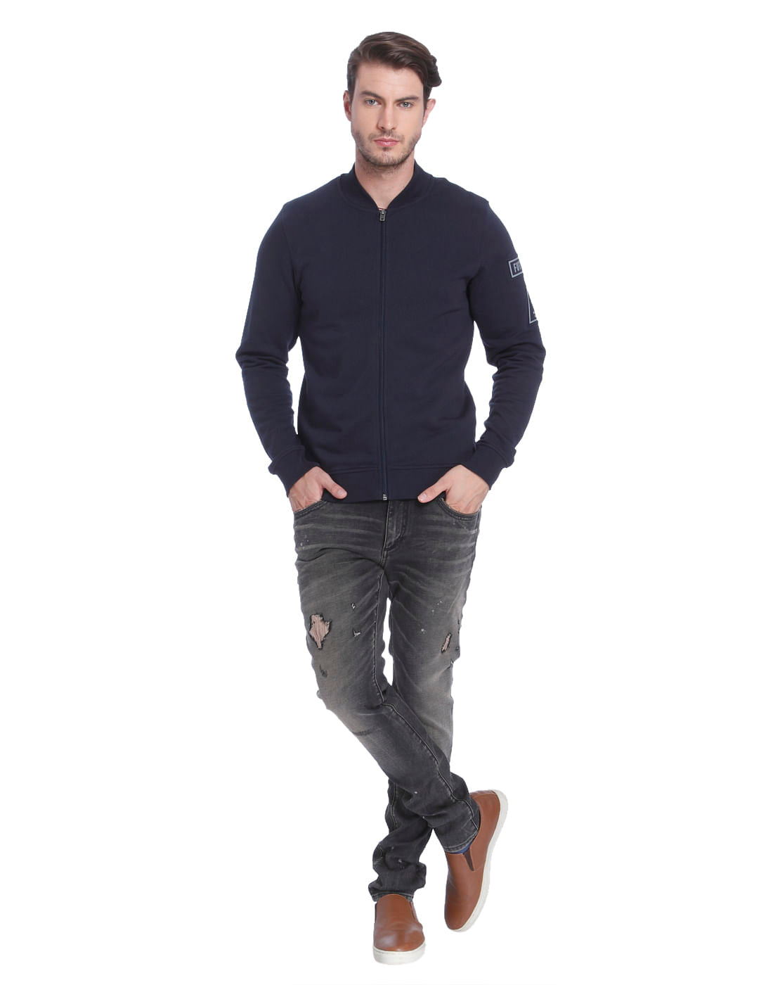 Dark Blue Text Print Casual Jacket