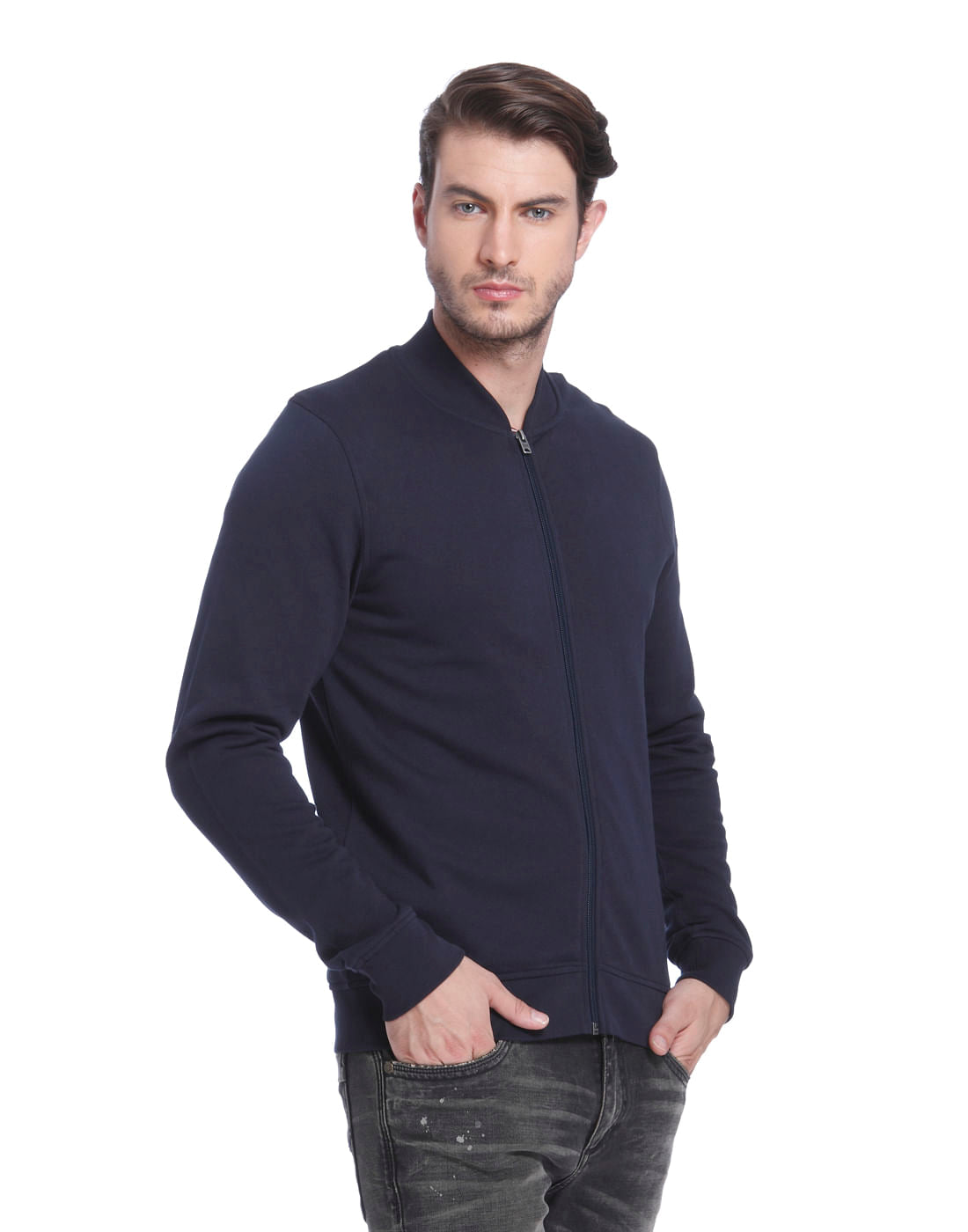 Dark Blue Text Print Casual Jacket