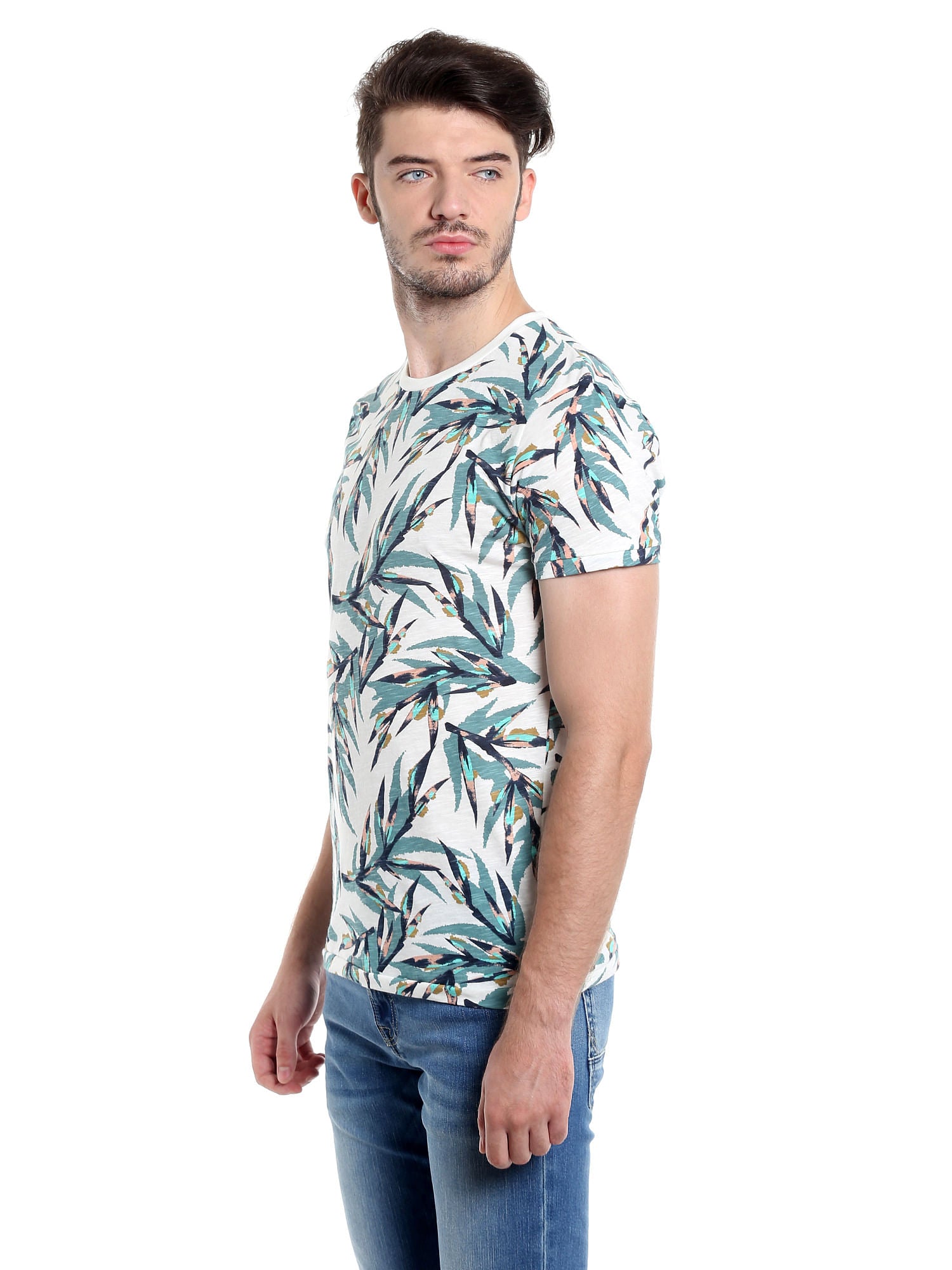 Foliage Print White Crew Neck T-Shirt