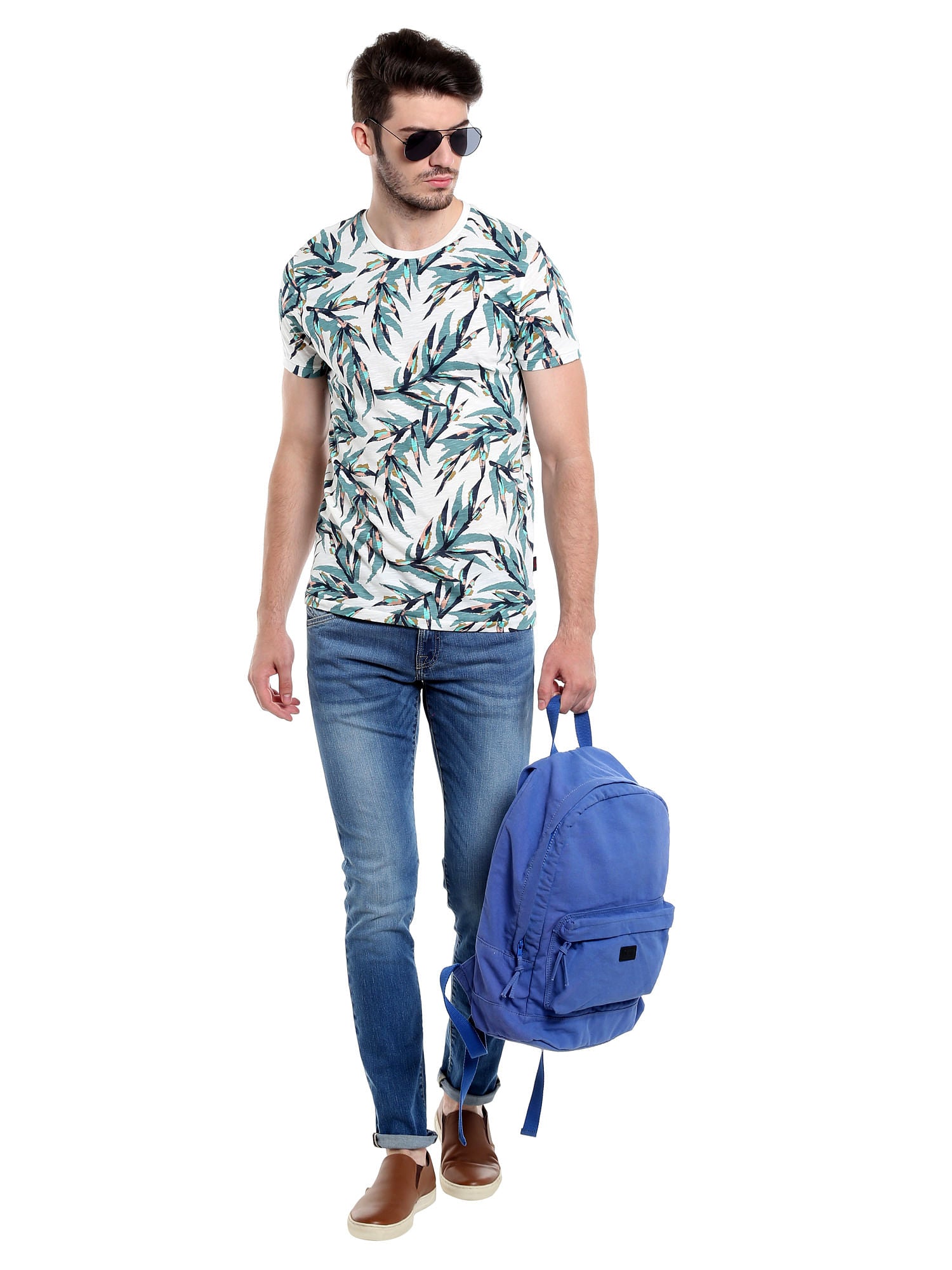 Foliage Print White Crew Neck T-Shirt