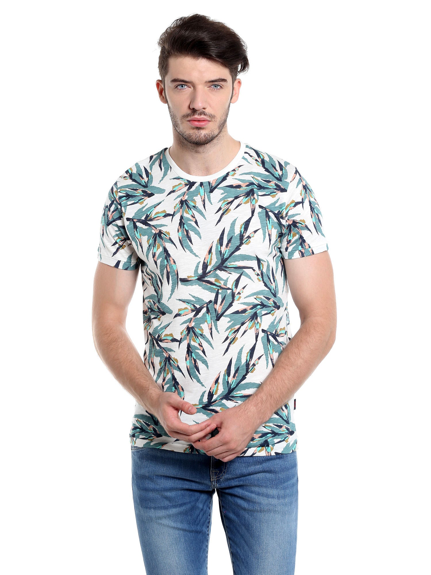 Foliage Print White Crew Neck T-Shirt