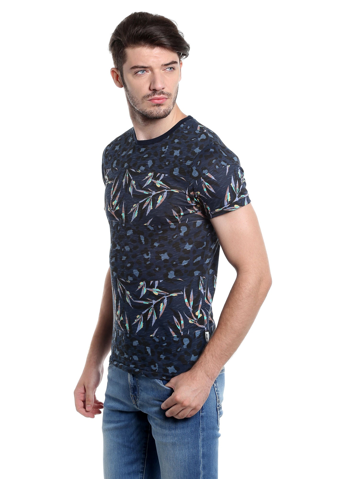 Dark Blue Foliage Print Crew Neck T-Shirt
