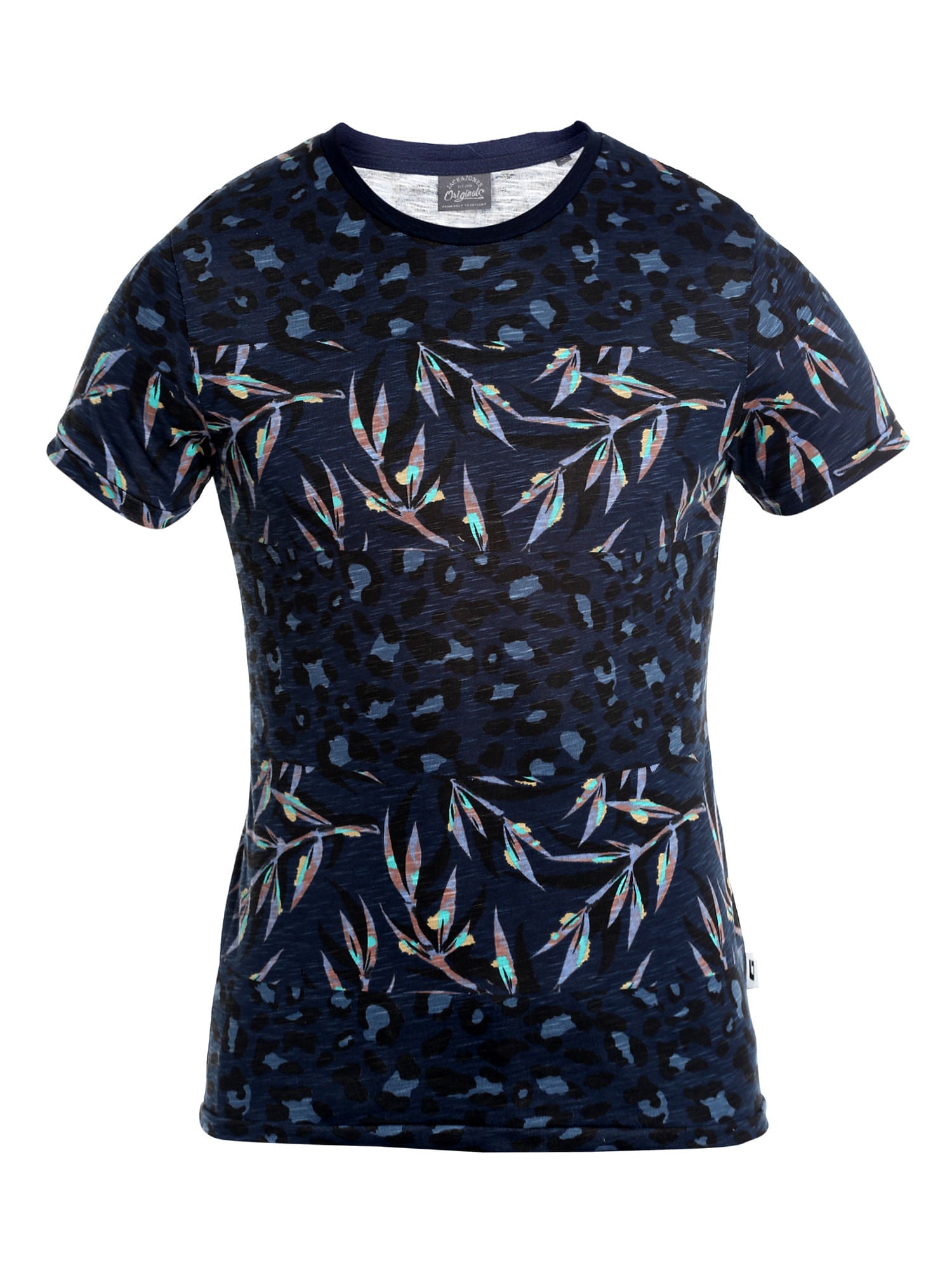 Dark Blue Foliage Print Crew Neck T-Shirt