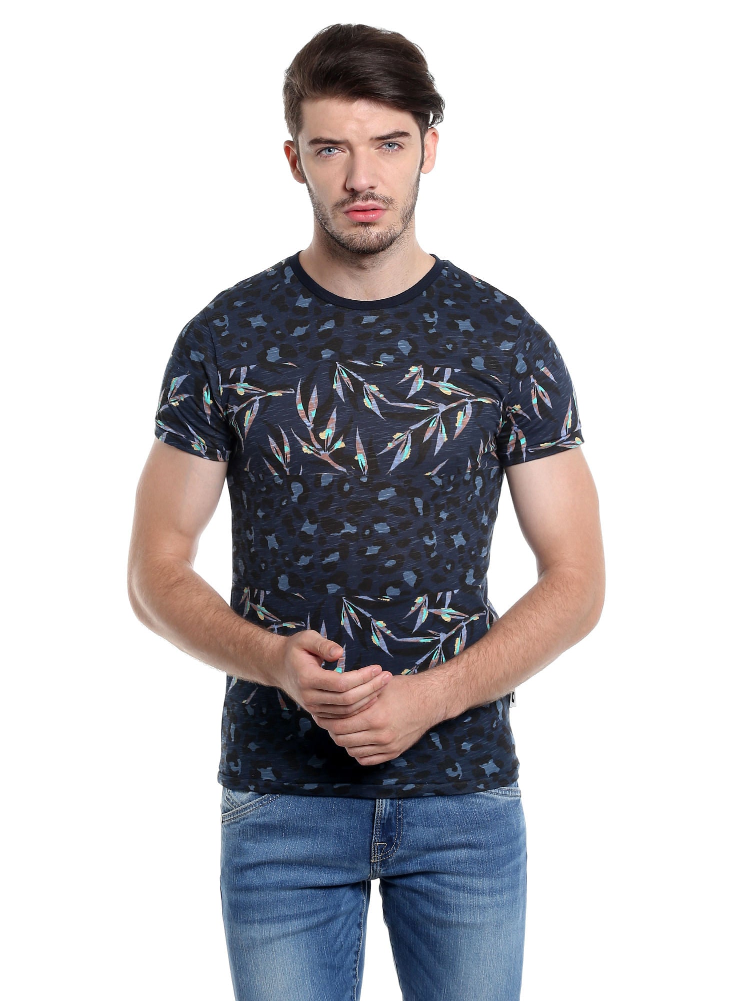 Dark Blue Foliage Print Crew Neck T-Shirt