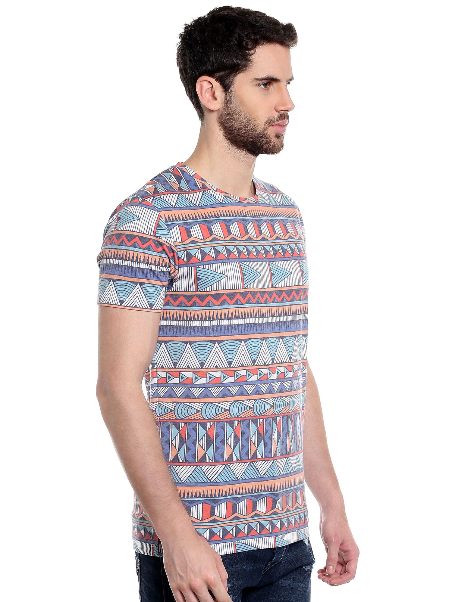 Aztec Print Blue Crew Neck T-Shirt