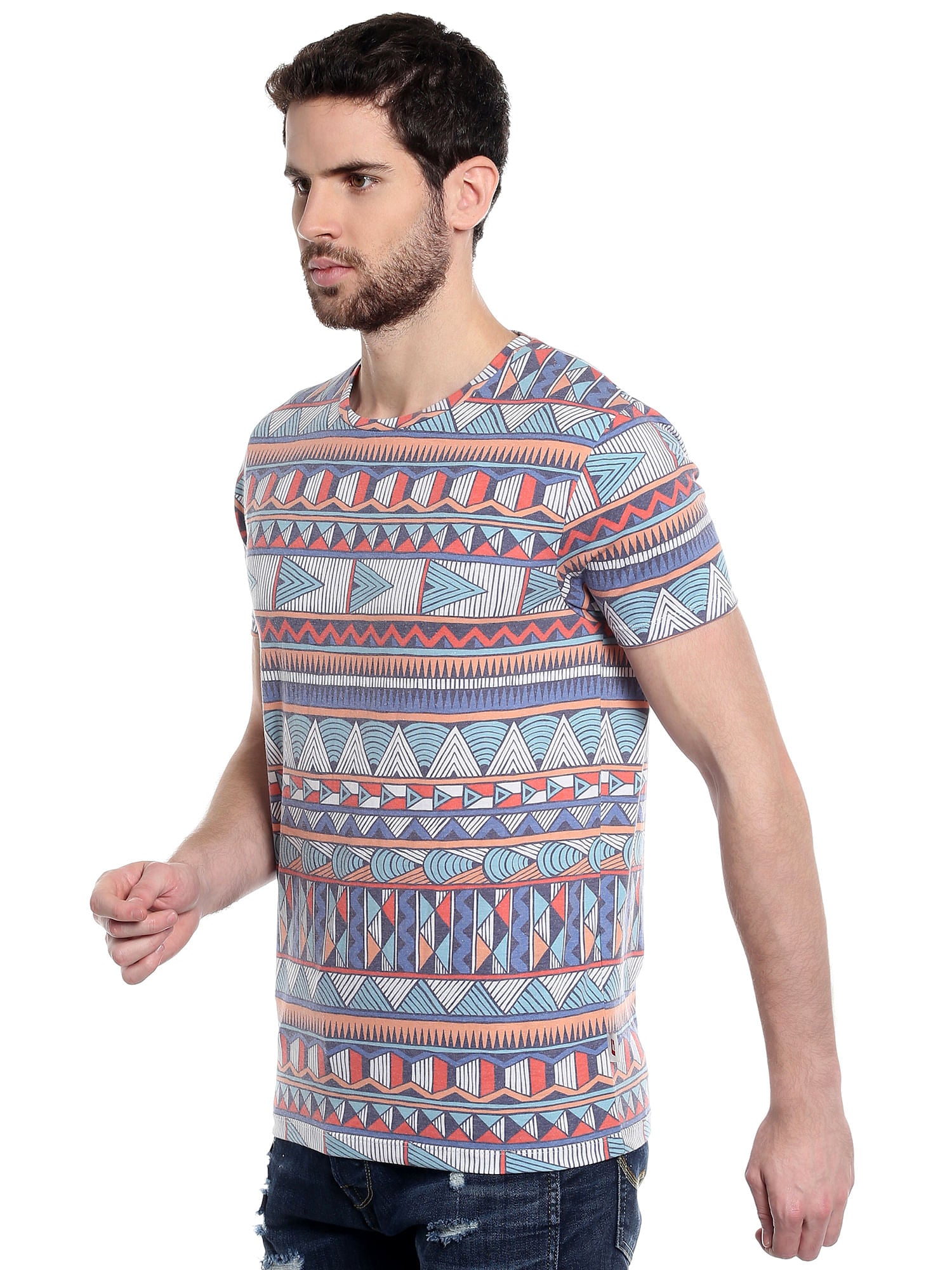 Aztec Print Blue Crew Neck T-Shirt