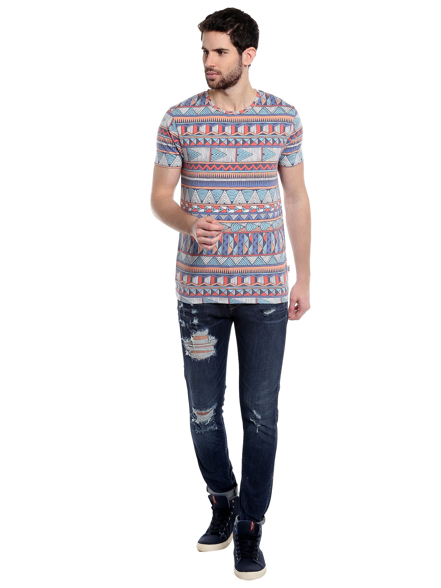 Aztec Print Blue Crew Neck T-Shirt