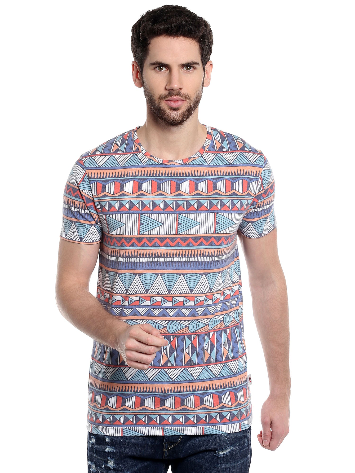 Aztec Print Blue Crew Neck T-Shirt