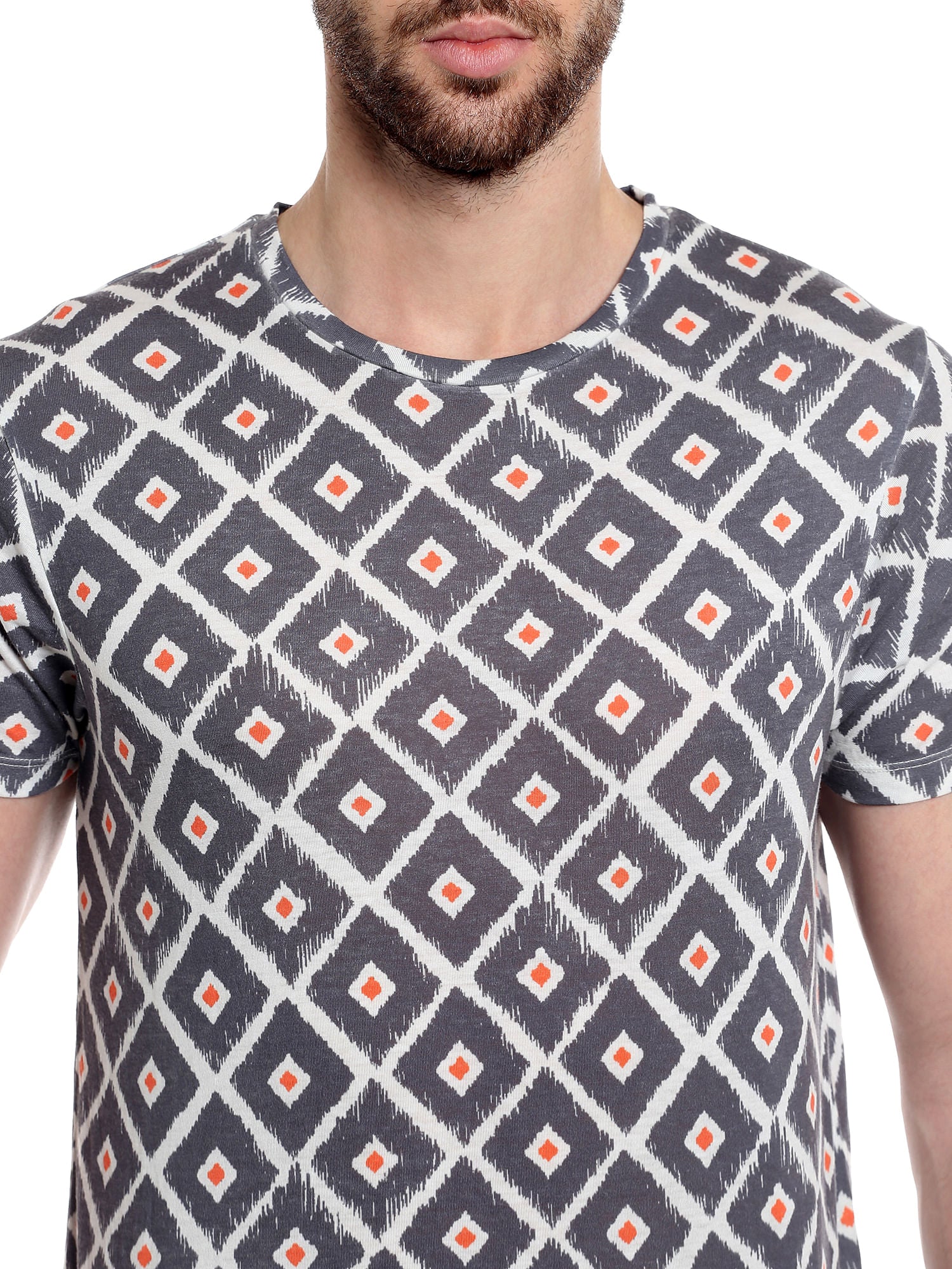 Ikat Print Grey Crew Neck T-Shirt