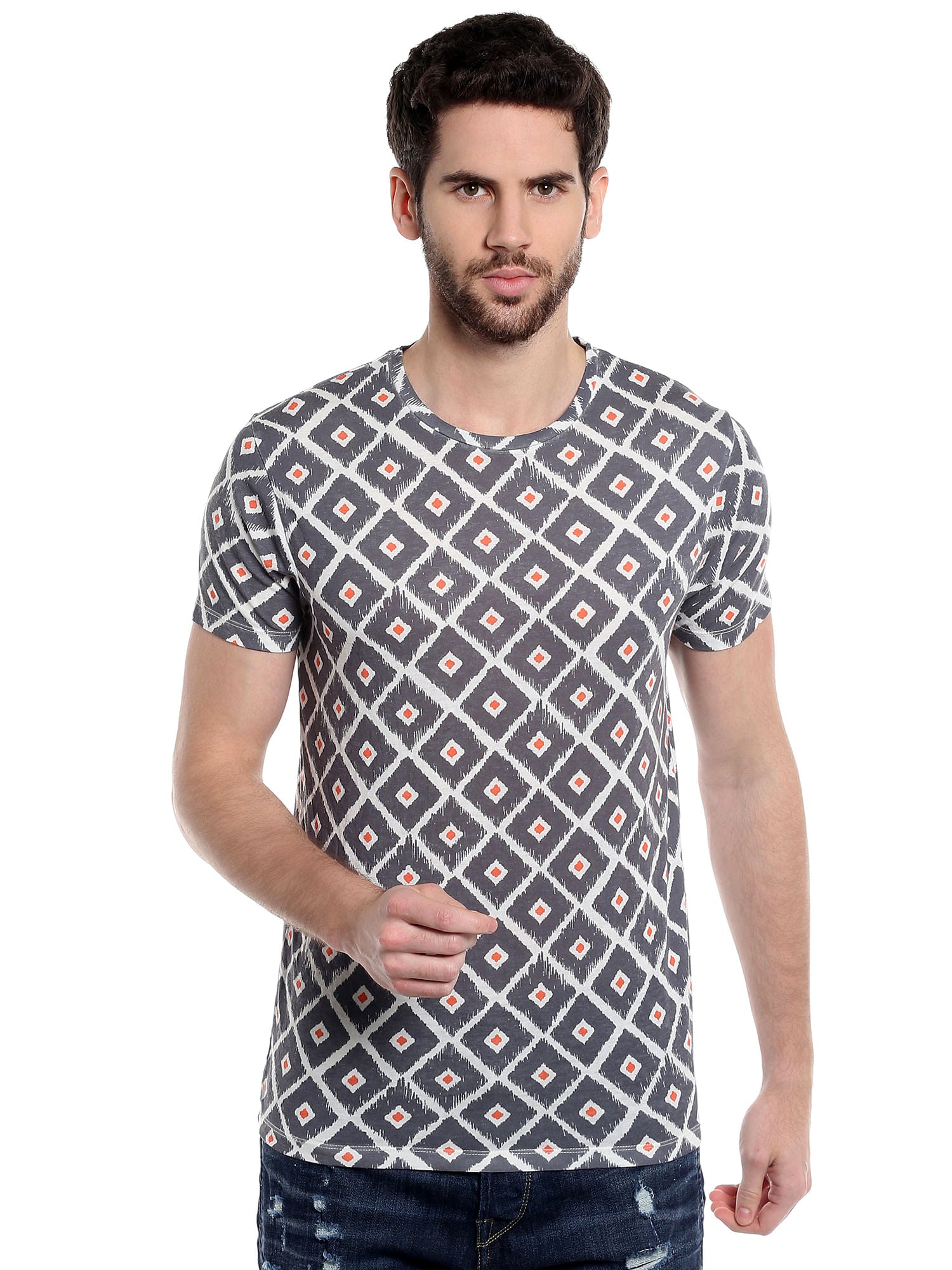 Ikat Print Grey Crew Neck T-Shirt